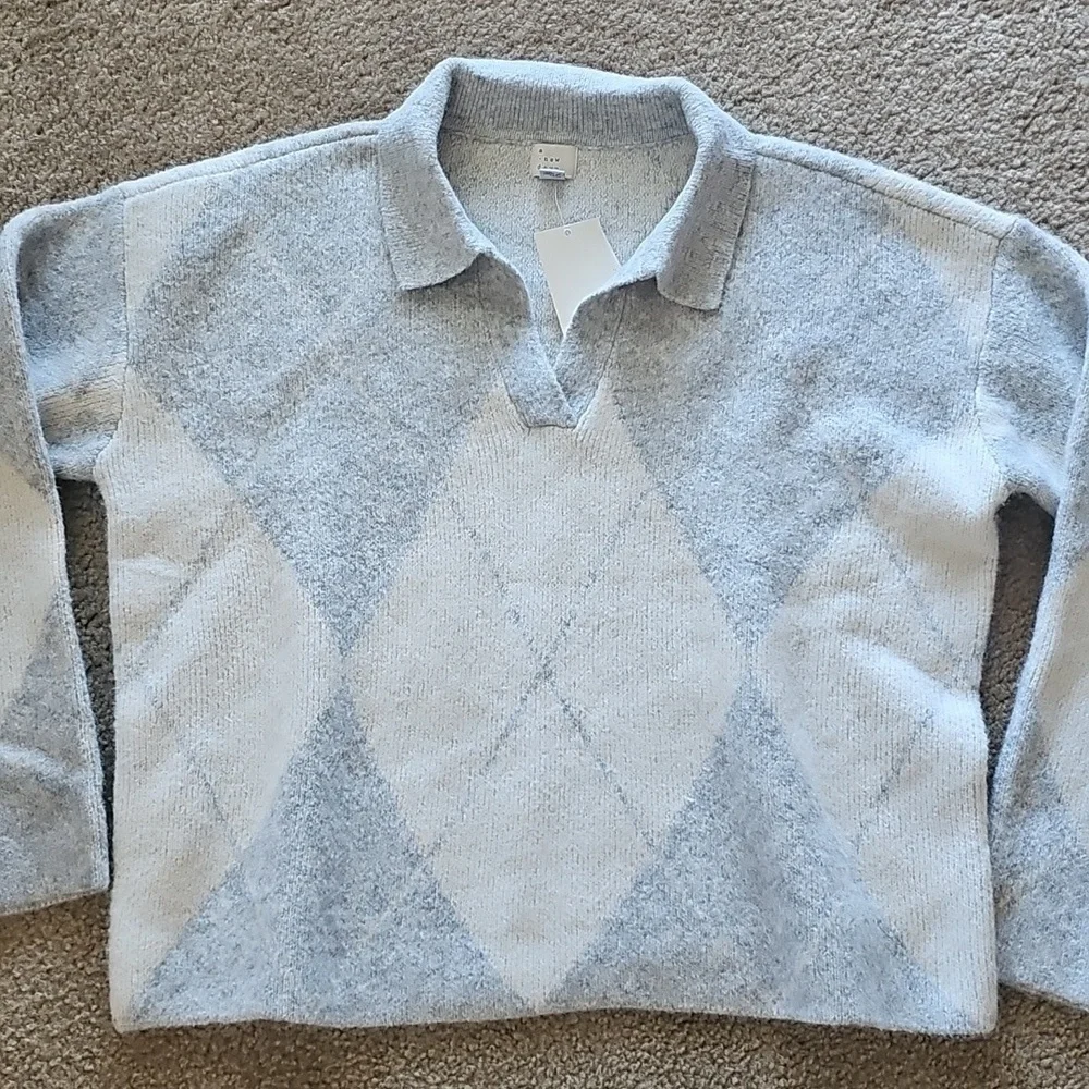 A New Day Gray Cream Argyle Knit Polo Sweater Medium